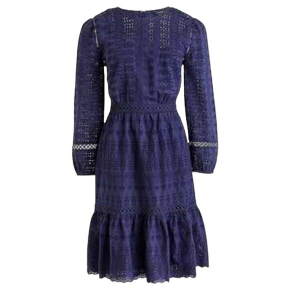 J. Crew -774 NWT Eyelet Lace Flutter Hem Dress Navy Long Sleeve‎ Size 6 - Picture 1 of 4